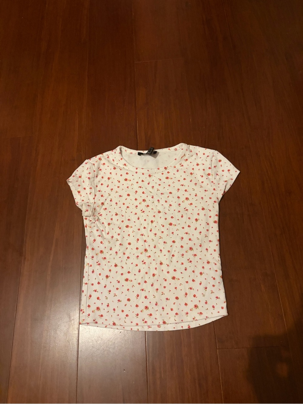 Classic White Tee with Pink Floral Print - Women